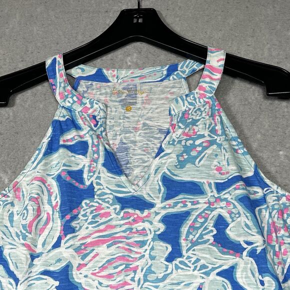 Lilly Pulitzer Tank Top Size Small Arya Bay Blue Into The Deep Pink Shell Print - Picture 2 of 13